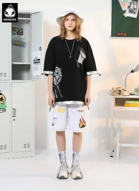 Hip Hop Graffiti Print Ripped Denim Shorts