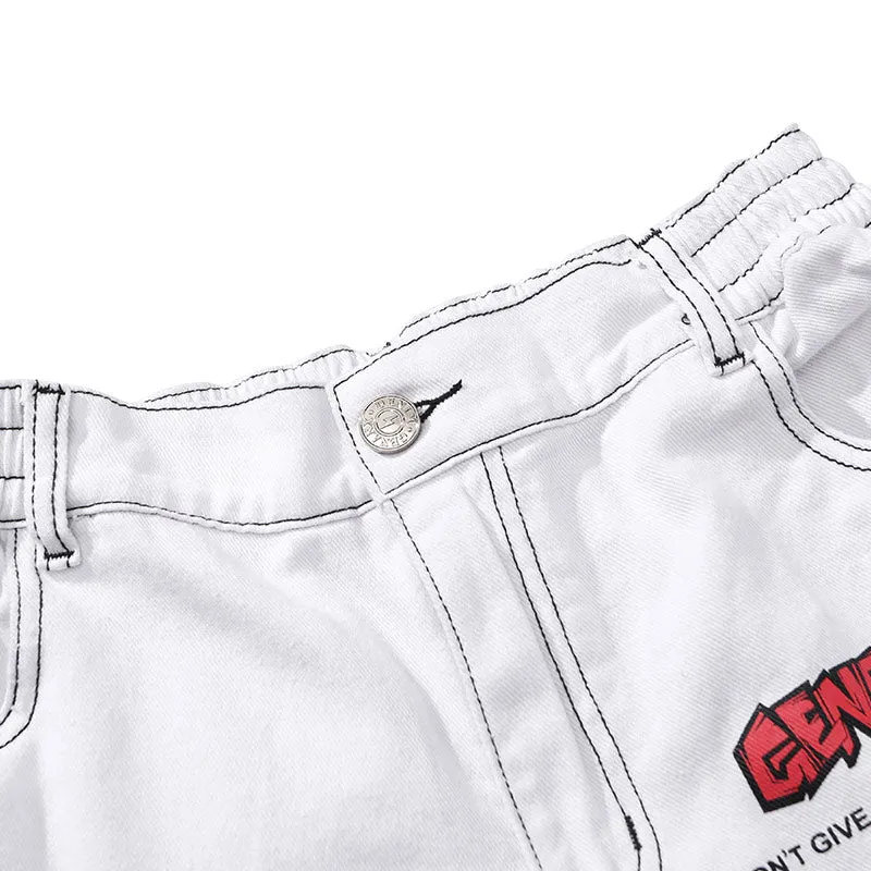 Hip Hop Graffiti Print Ripped Denim Shorts
