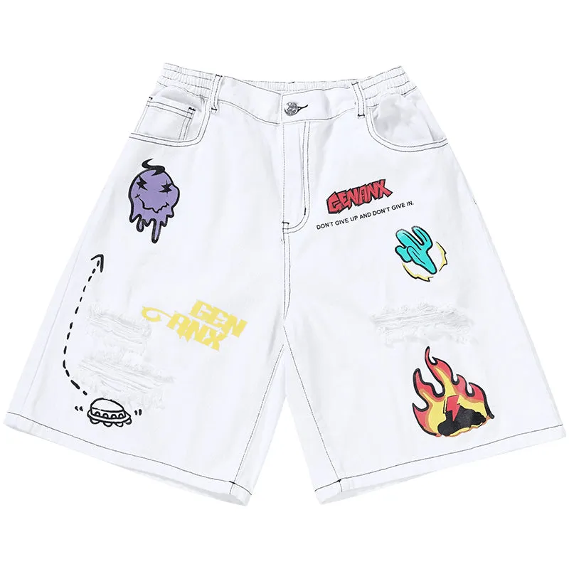 Hip Hop Graffiti Print Ripped Denim Shorts