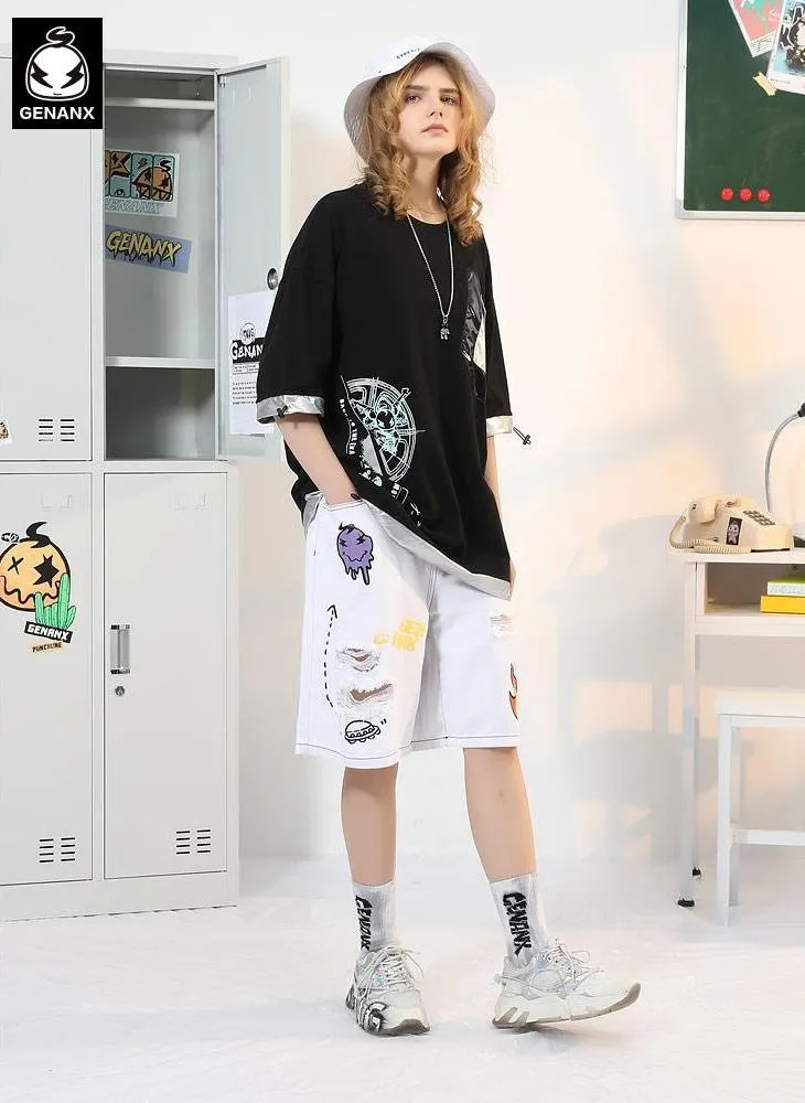 Hip Hop Graffiti Print Ripped Denim Shorts