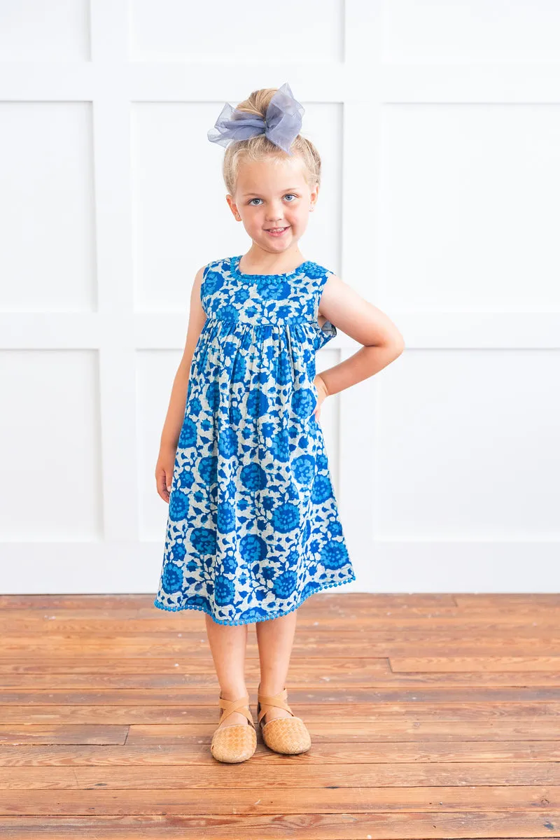 Indigo Floral Shift Dress With Lace Detail
