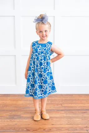 Indigo Floral Shift Dress With Lace Detail