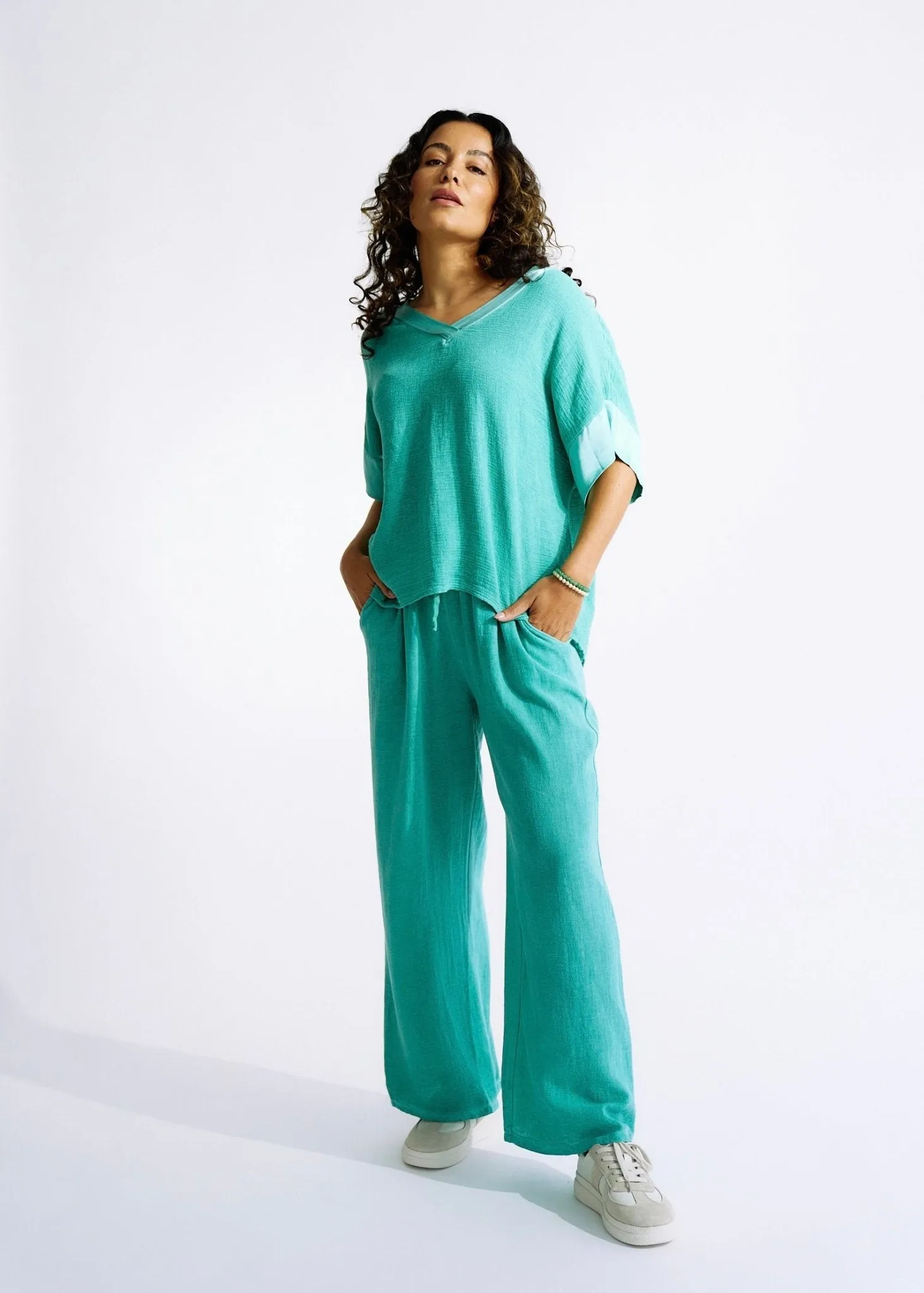 Italian Textured Cotton Loungewear Set with Satin Detail in Ocean Green