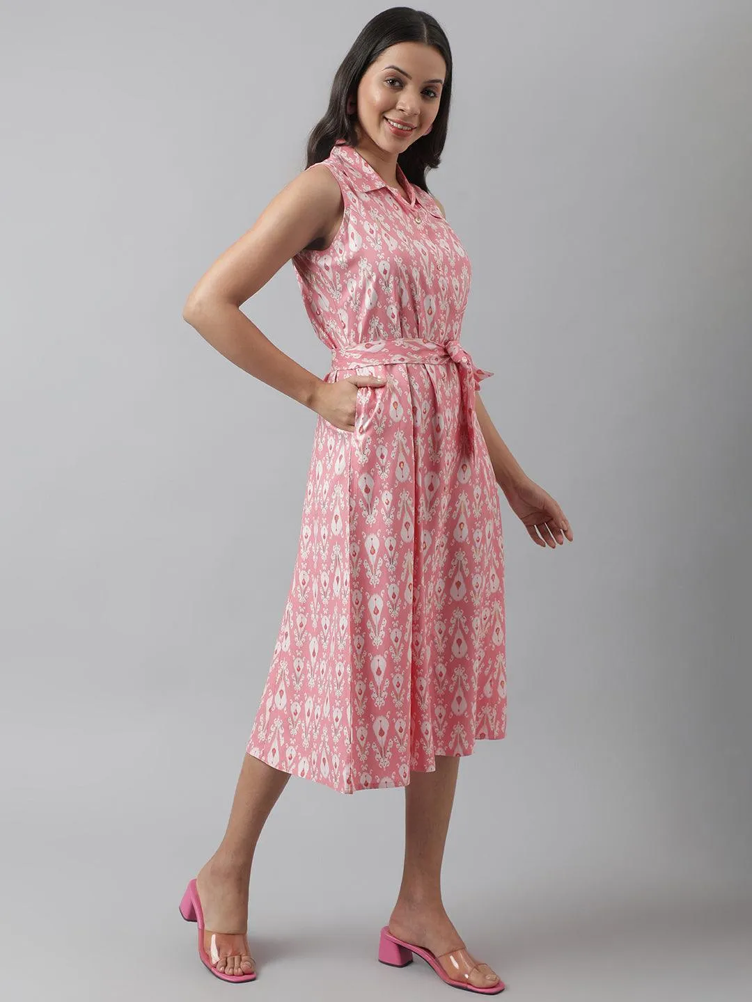 Jashvi Rayon Light Pink A-Line Floral Printed Midi Dress