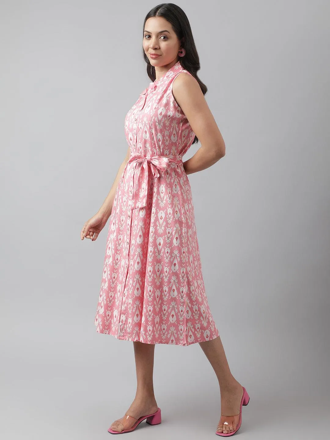 Jashvi Rayon Light Pink A-Line Floral Printed Midi Dress