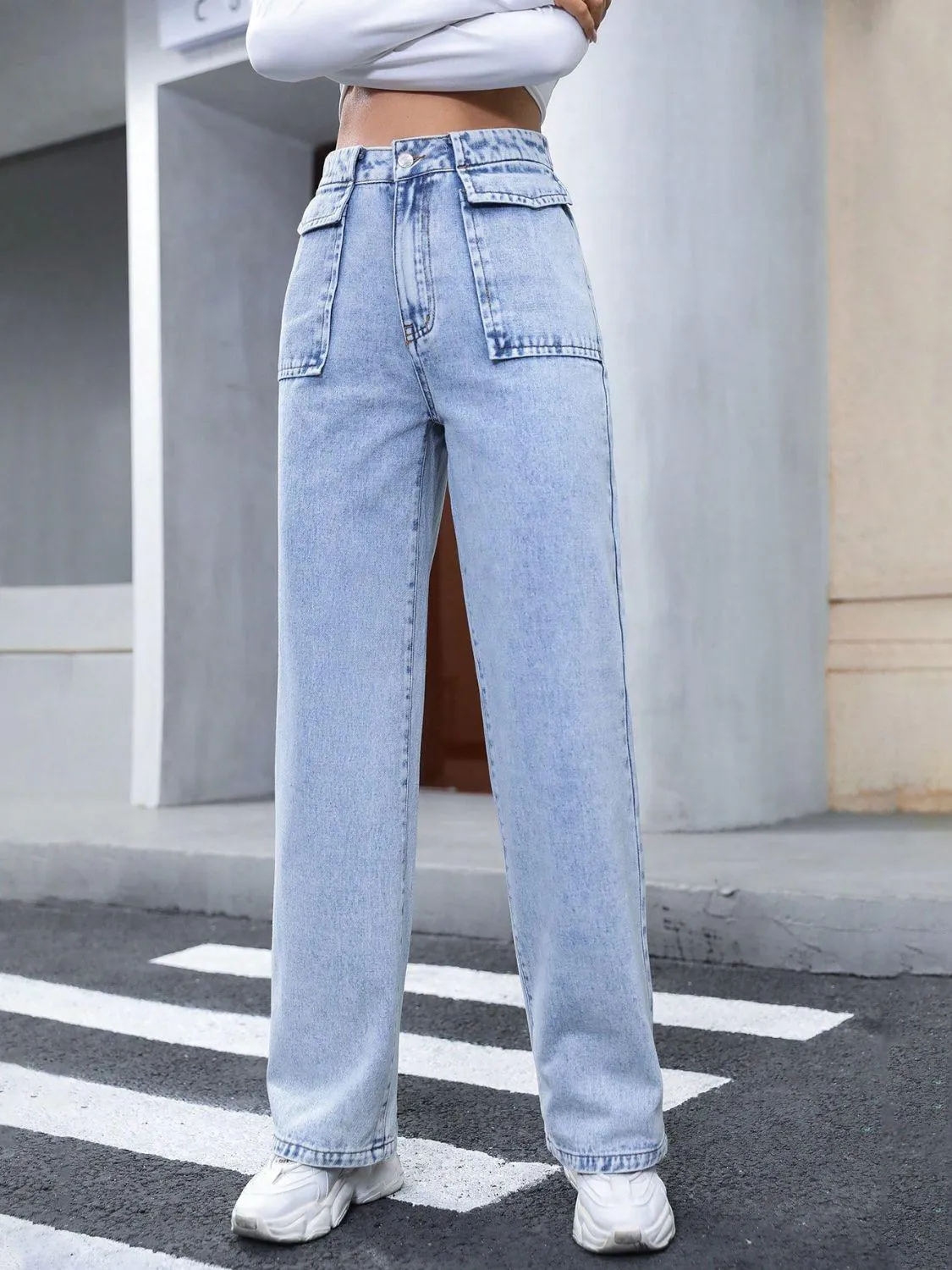 Jeans High Waist Straight Front Pockets Denim Pants