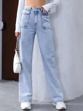 Jeans High Waist Straight Front Pockets Denim Pants