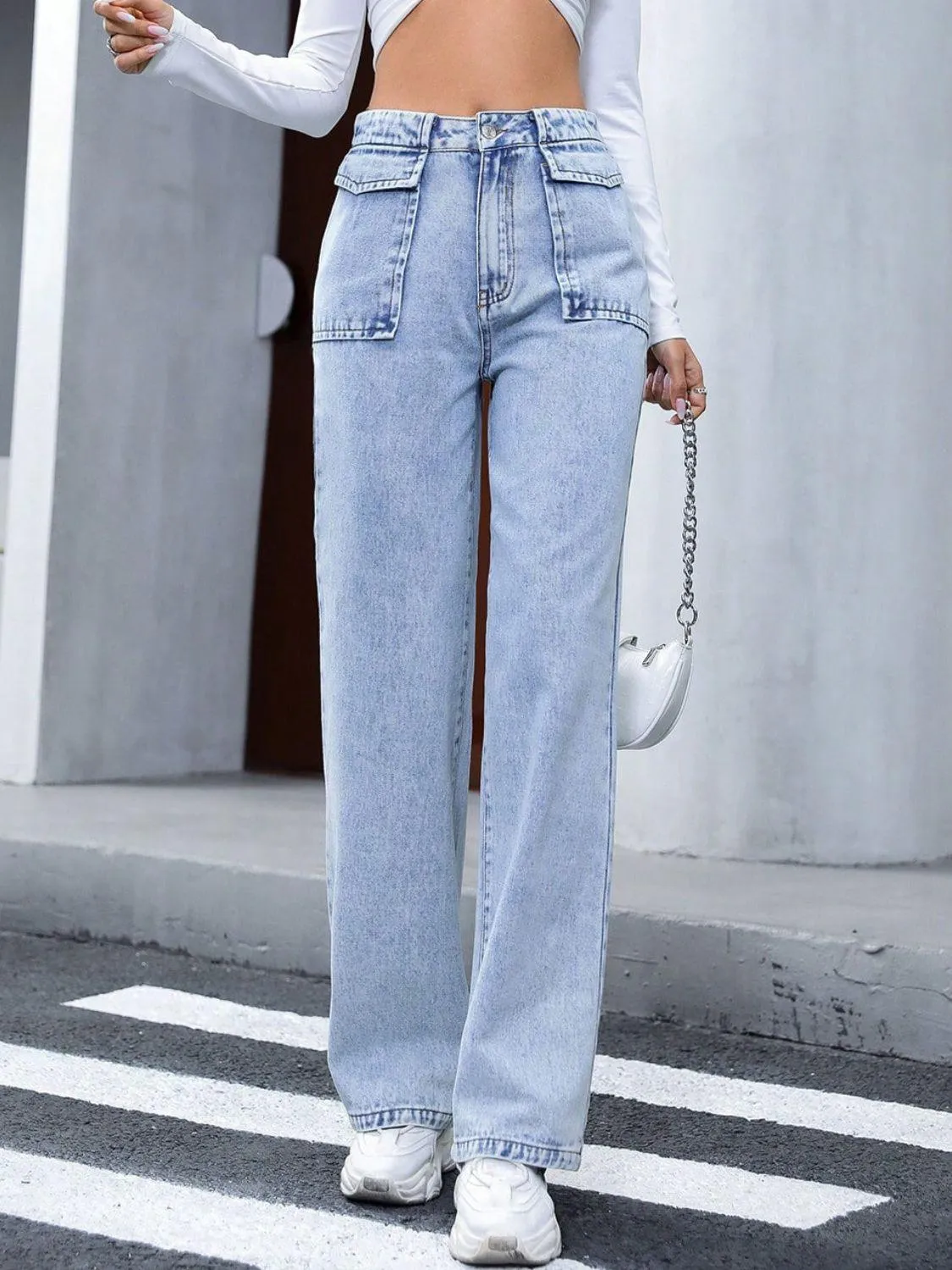 Jeans High Waist Straight Front Pockets Denim Pants