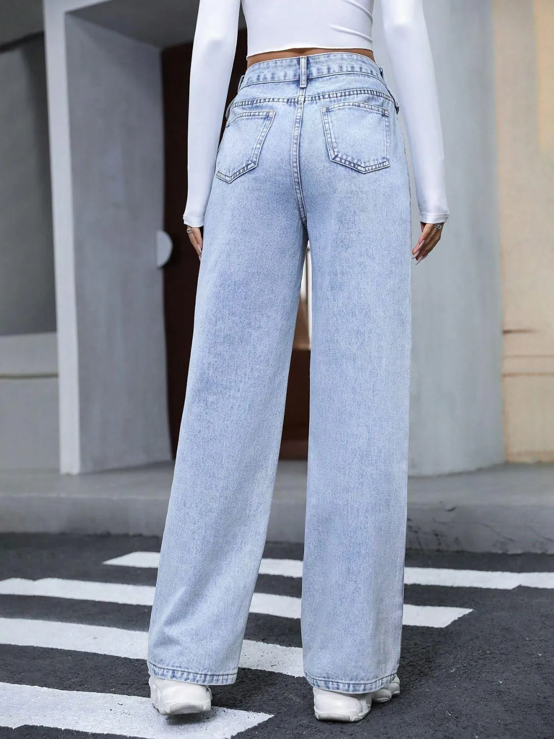 Jeans High Waist Straight Front Pockets Denim Pants