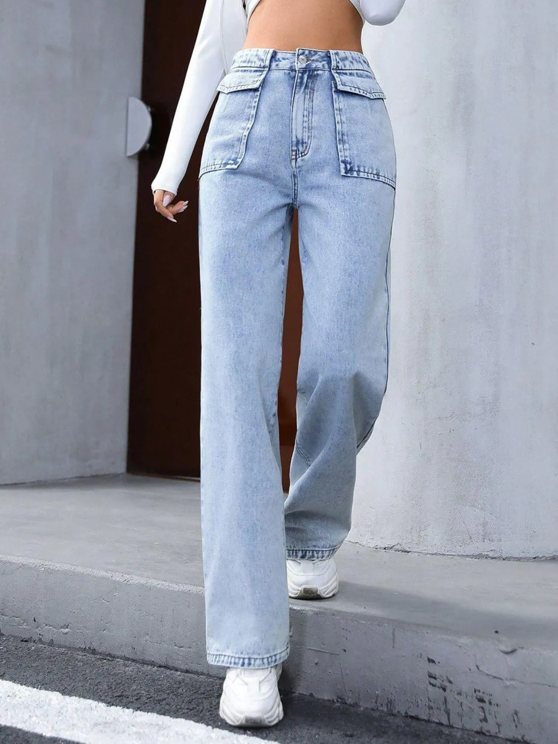 Jeans High Waist Straight Front Pockets Denim Pants