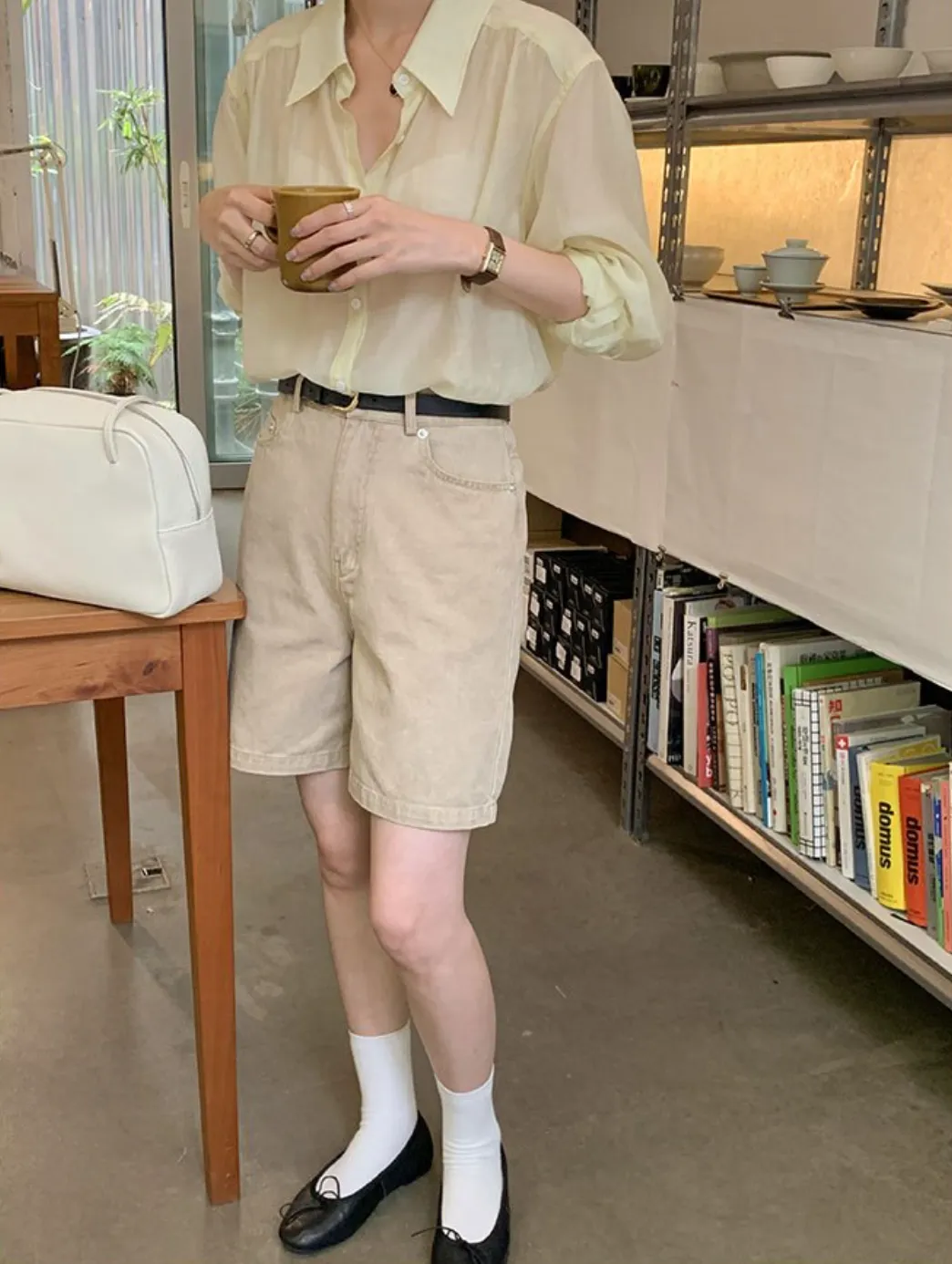 [Korean Style] 4 Colors High Waist Bermuda Denim Shorts