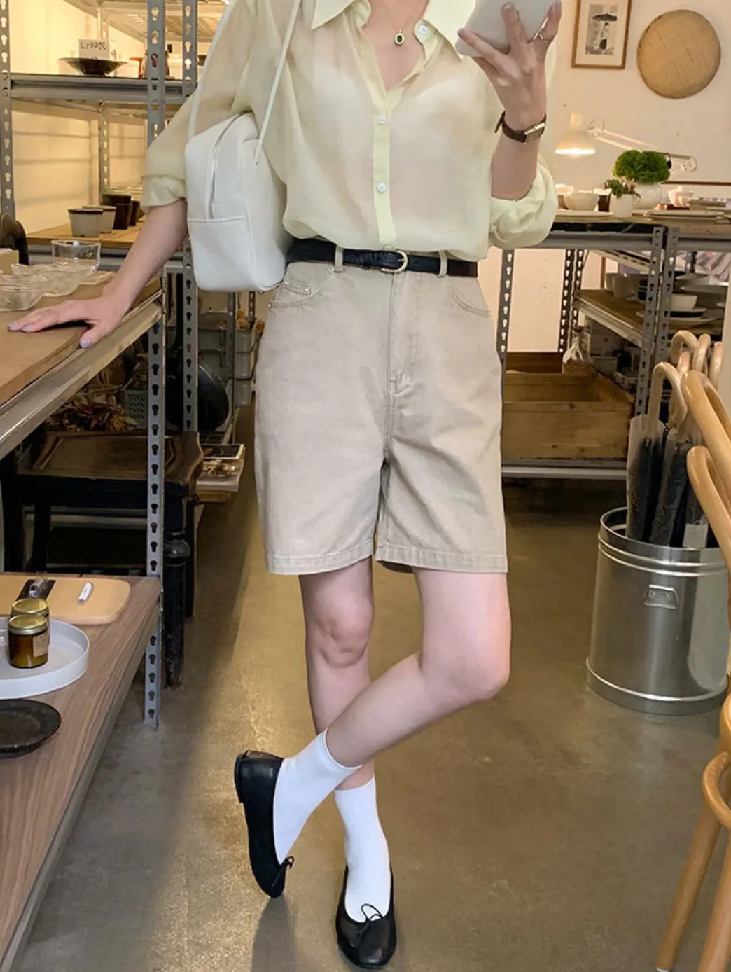 [Korean Style] 4 Colors High Waist Bermuda Denim Shorts