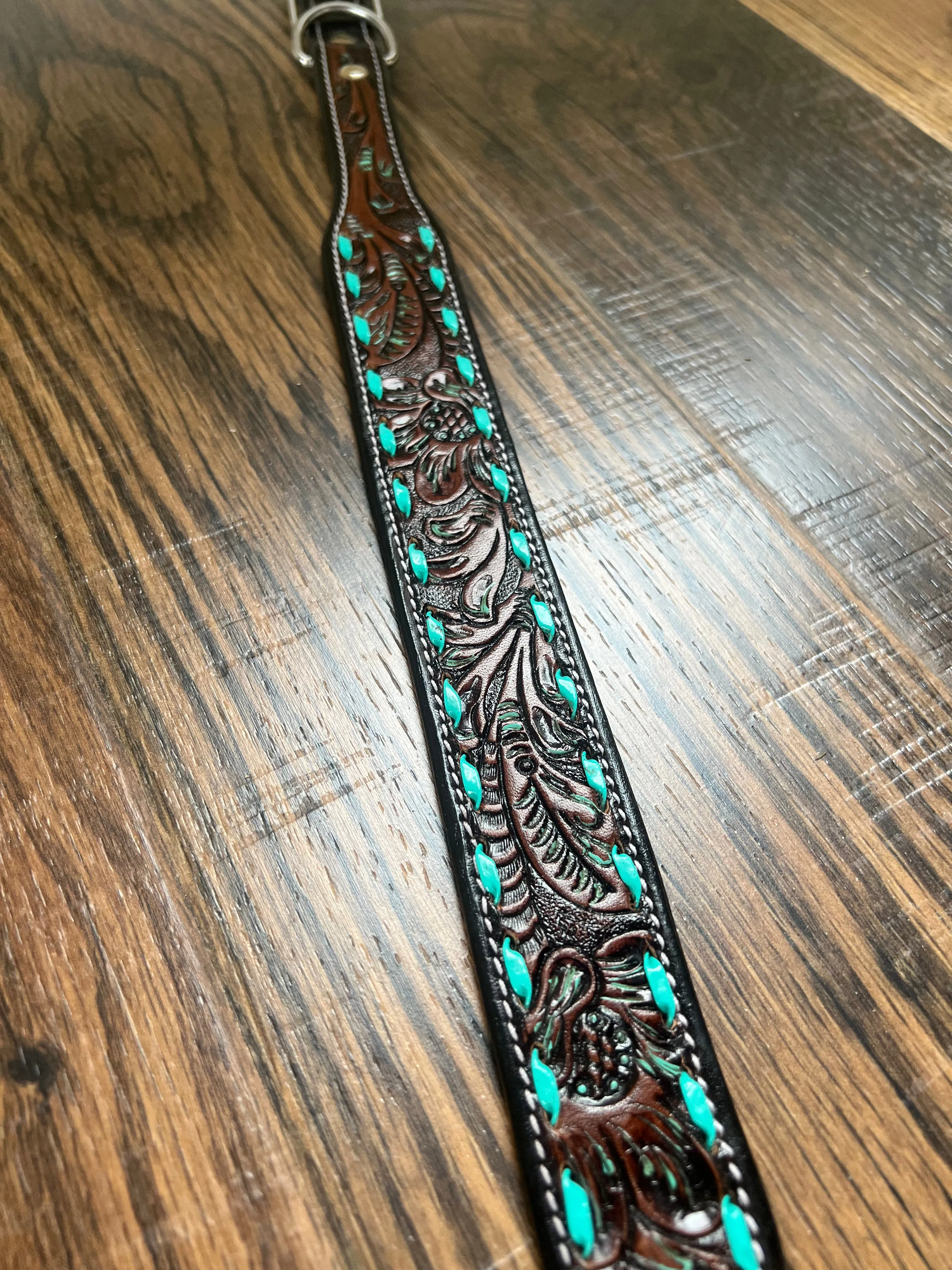 Leather Tooled Dog Collar with Teal Buckstitching