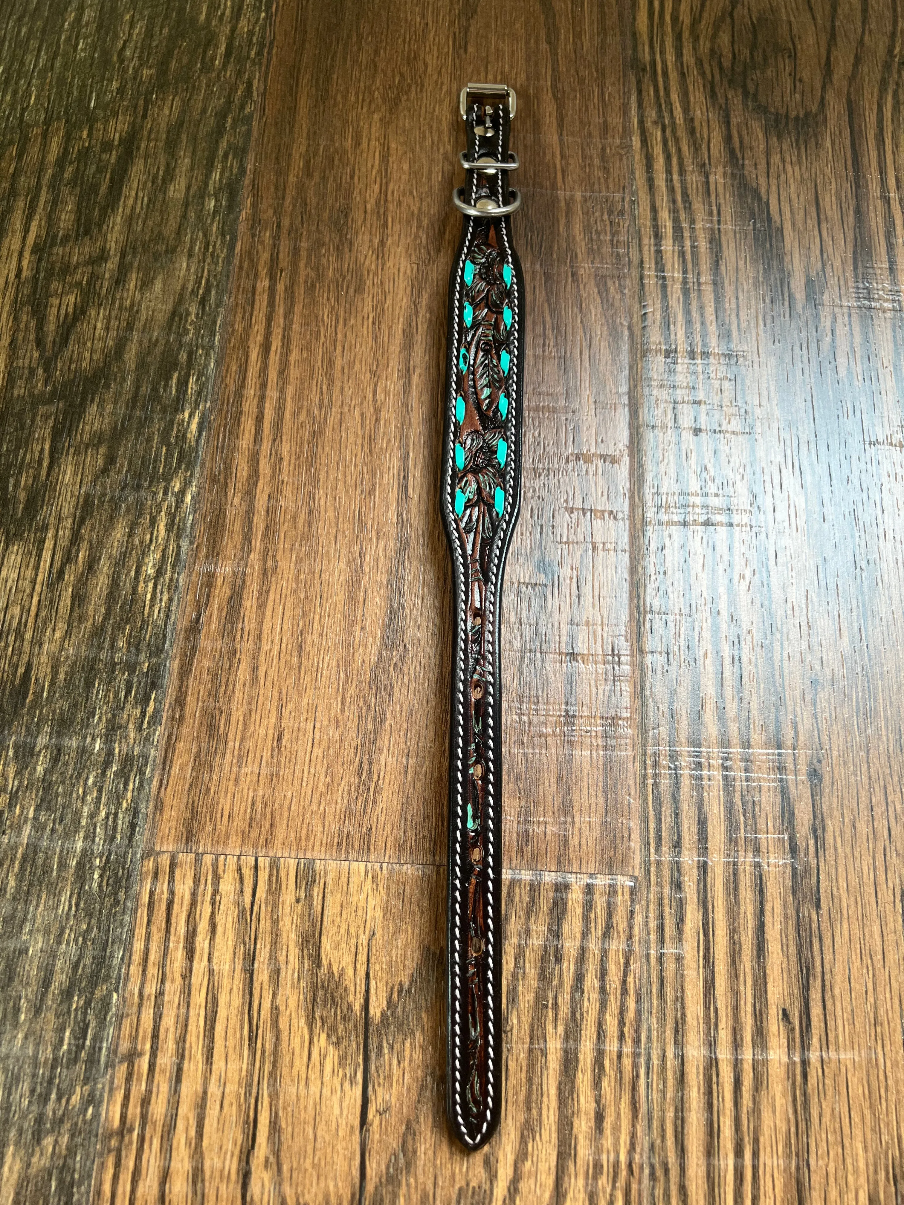 Leather Tooled Dog Collar with Teal Buckstitching