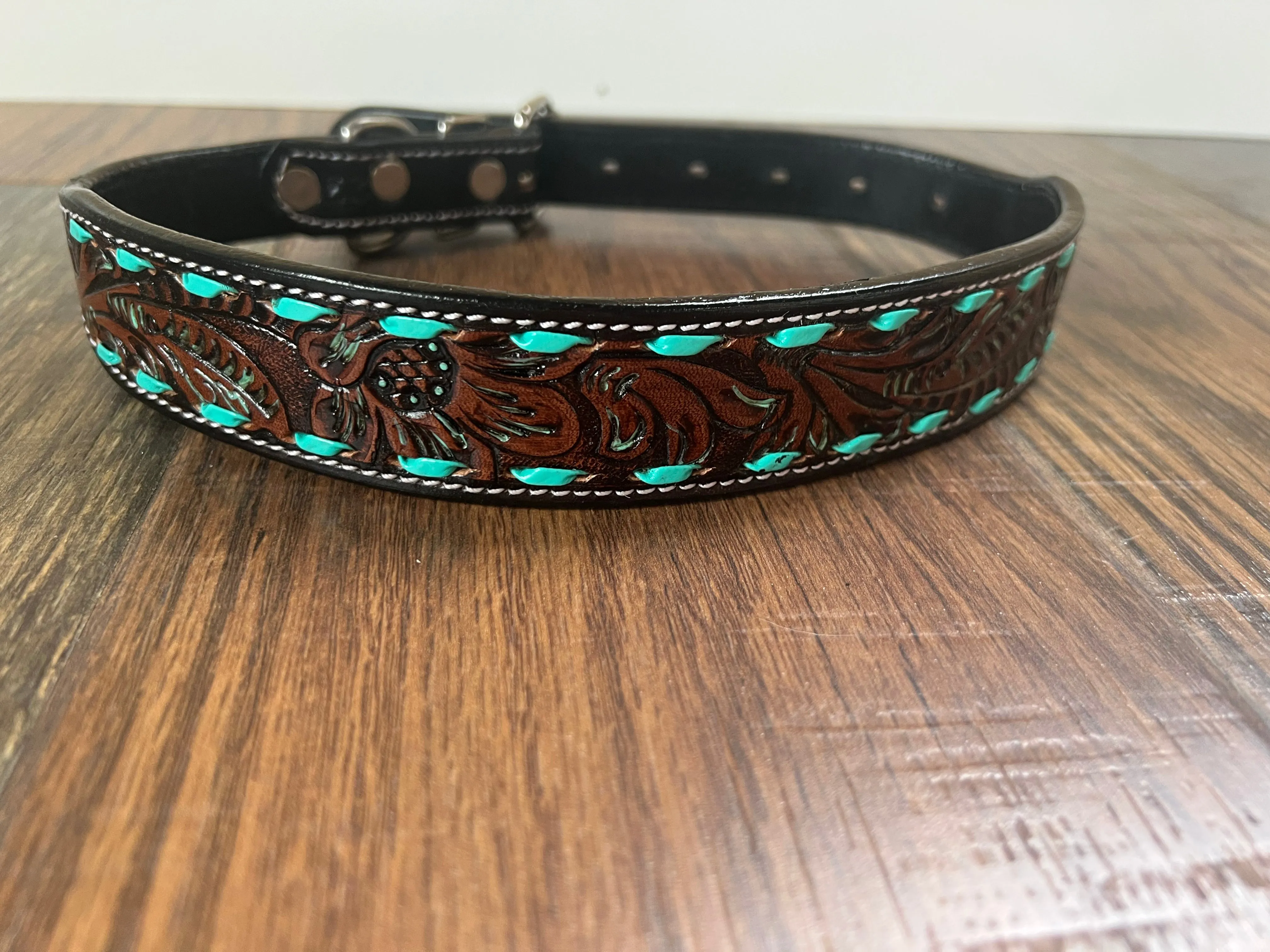 Leather Tooled Dog Collar with Teal Buckstitching