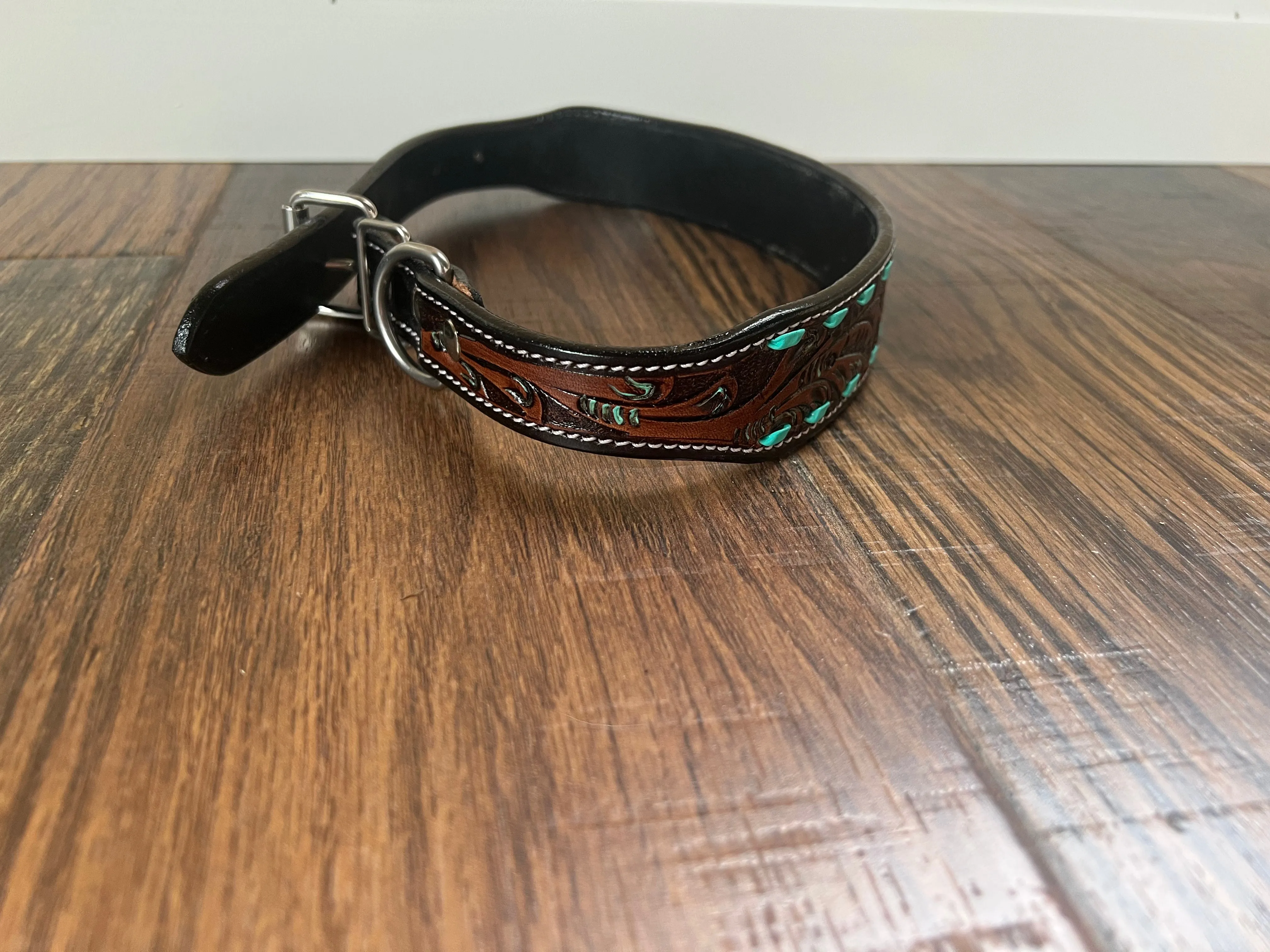 Leather Tooled Dog Collar with Teal Buckstitching