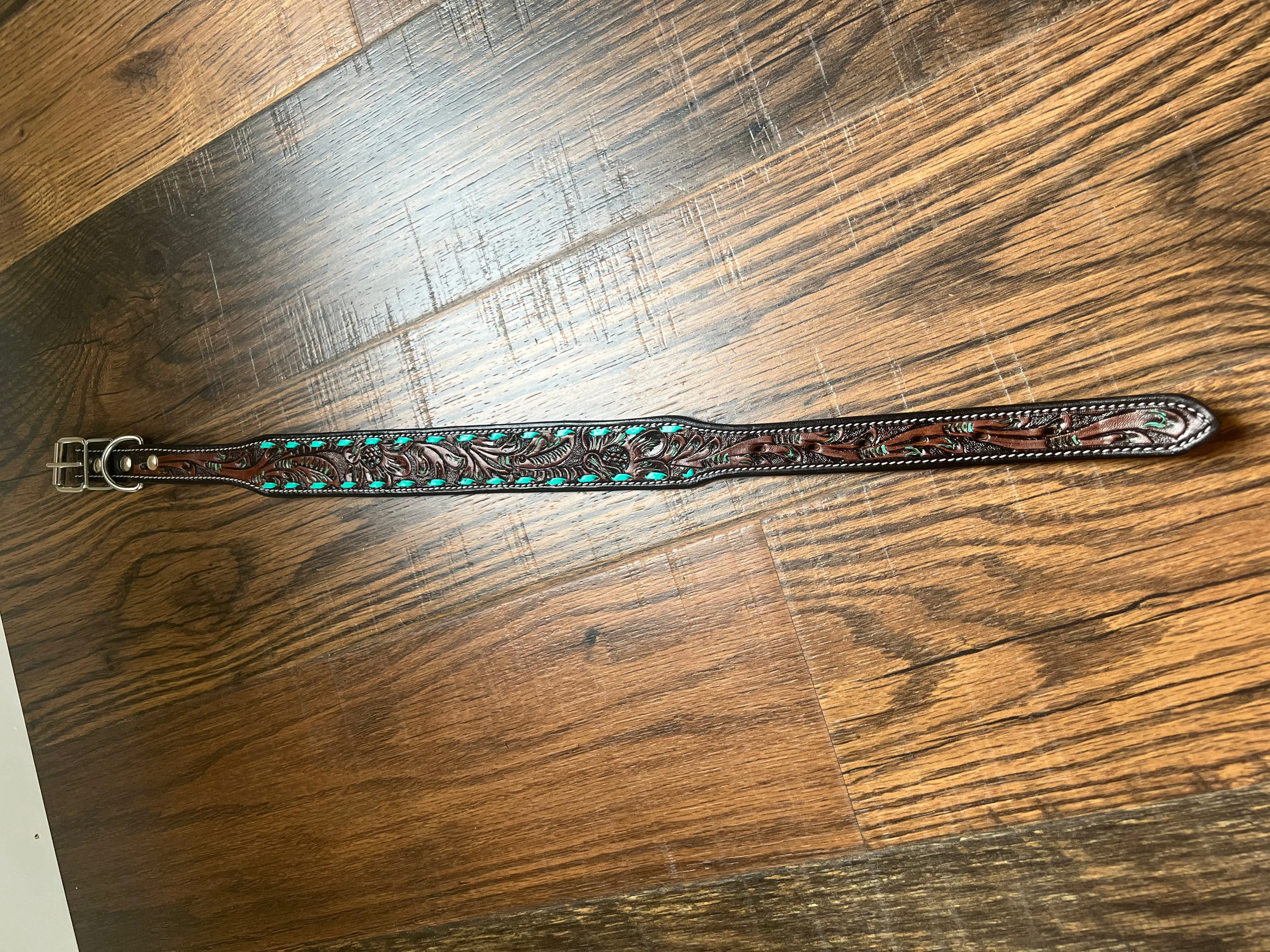 Leather Tooled Dog Collar with Teal Buckstitching