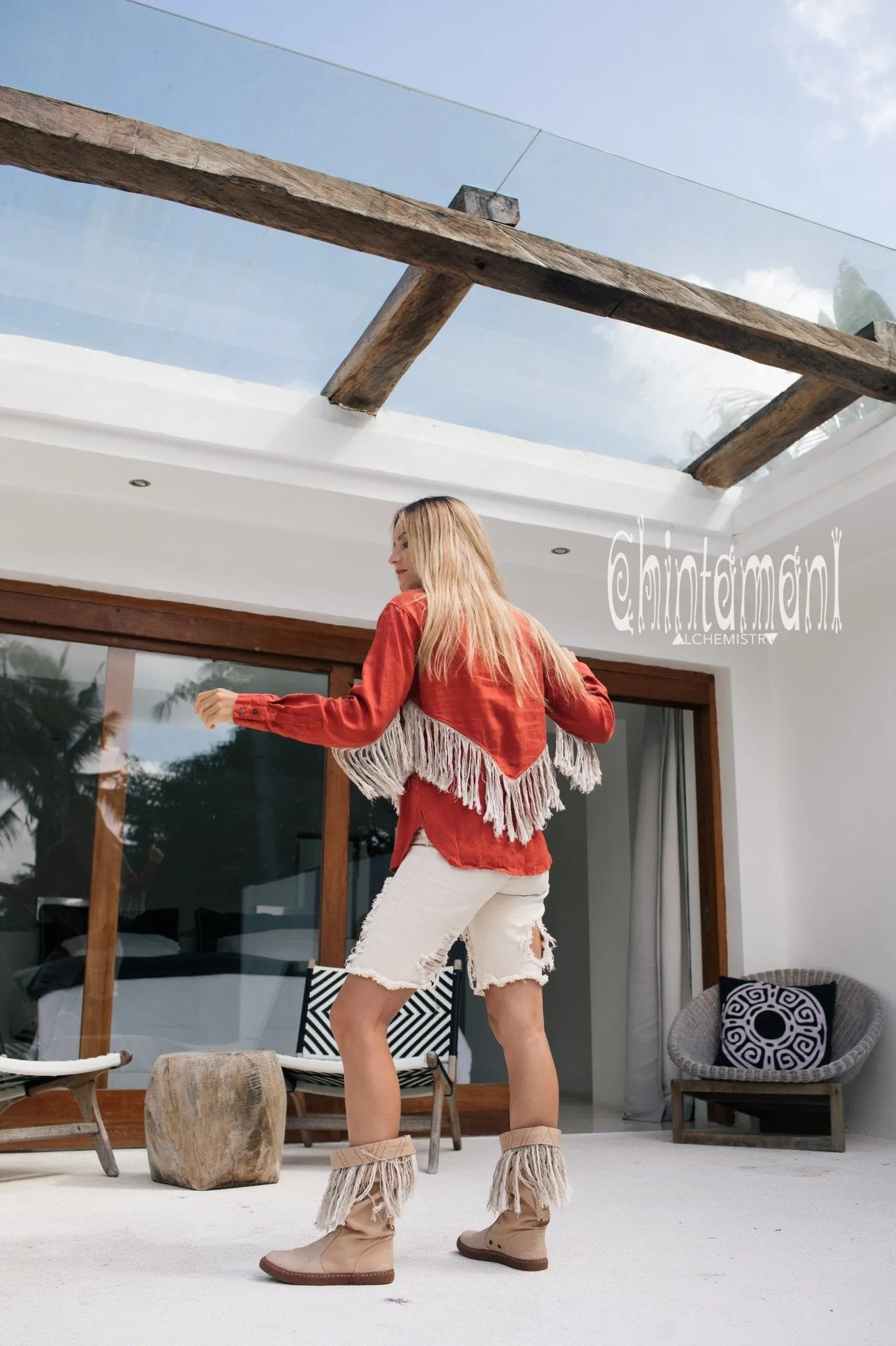 Linen Boho Button Shirt with Fringes / Red Ochre