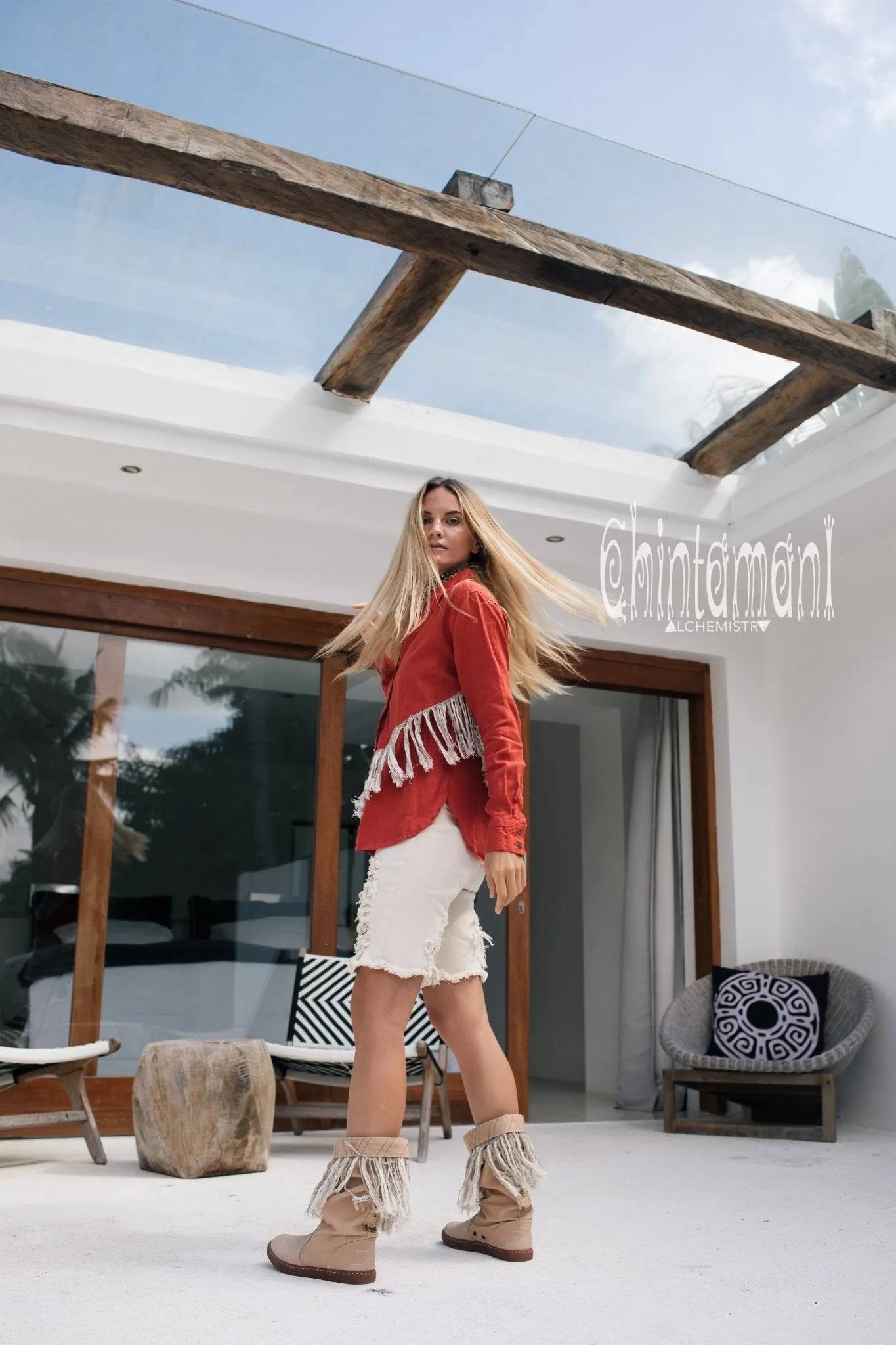 Linen Boho Button Shirt with Fringes / Red Ochre
