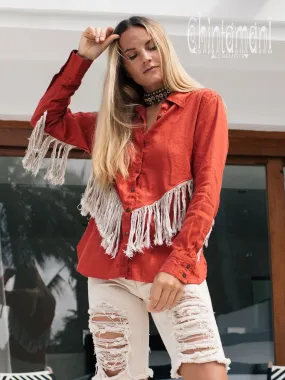 Linen Boho Button Shirt with Fringes / Red Ochre