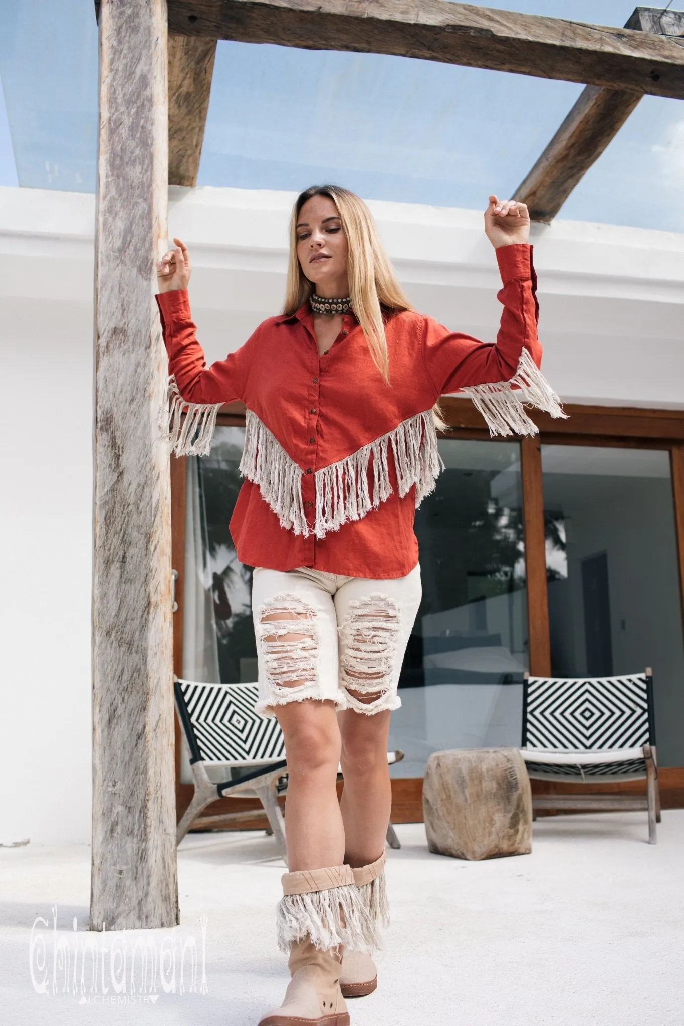 Linen Boho Button Shirt with Fringes / Red Ochre