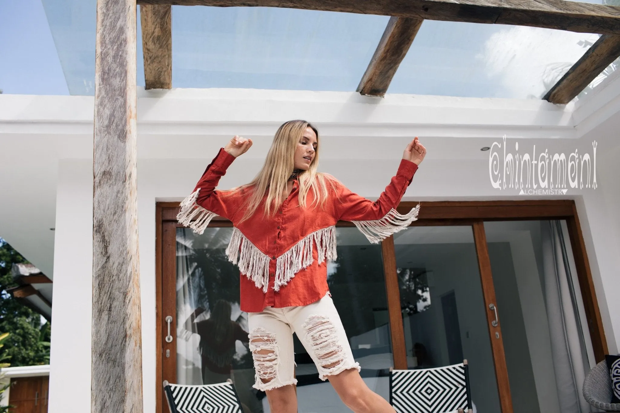 Linen Boho Button Shirt with Fringes / Red Ochre