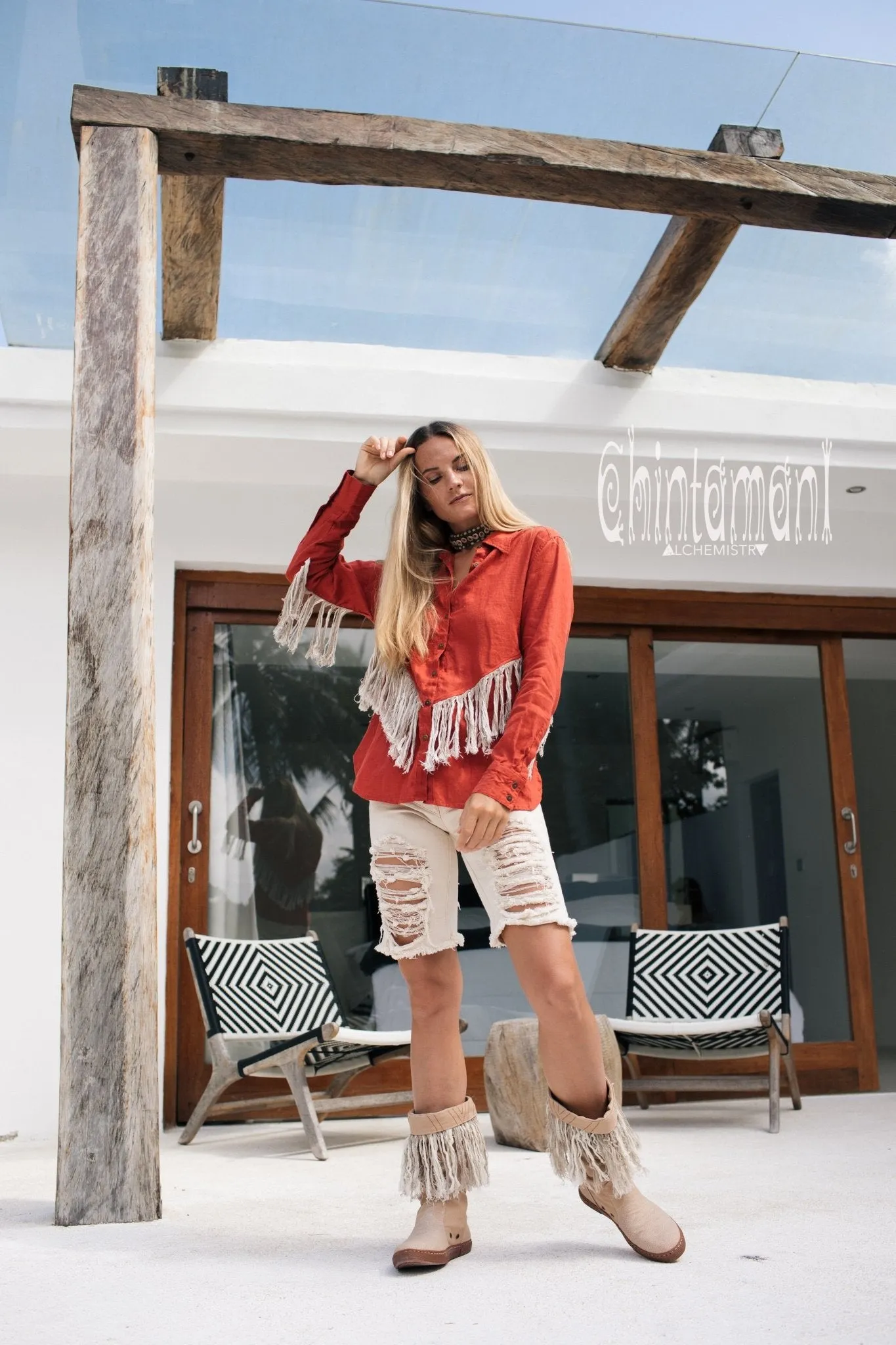 Linen Boho Button Shirt with Fringes / Red Ochre