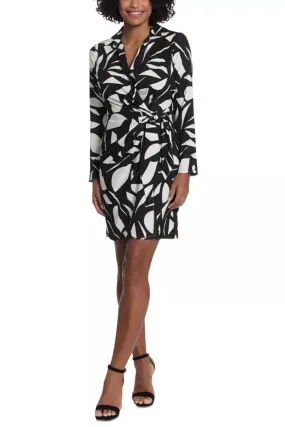London Times V-Neck Shirt Collar Long Sleeve Tie Side Multi Print Twill Dress