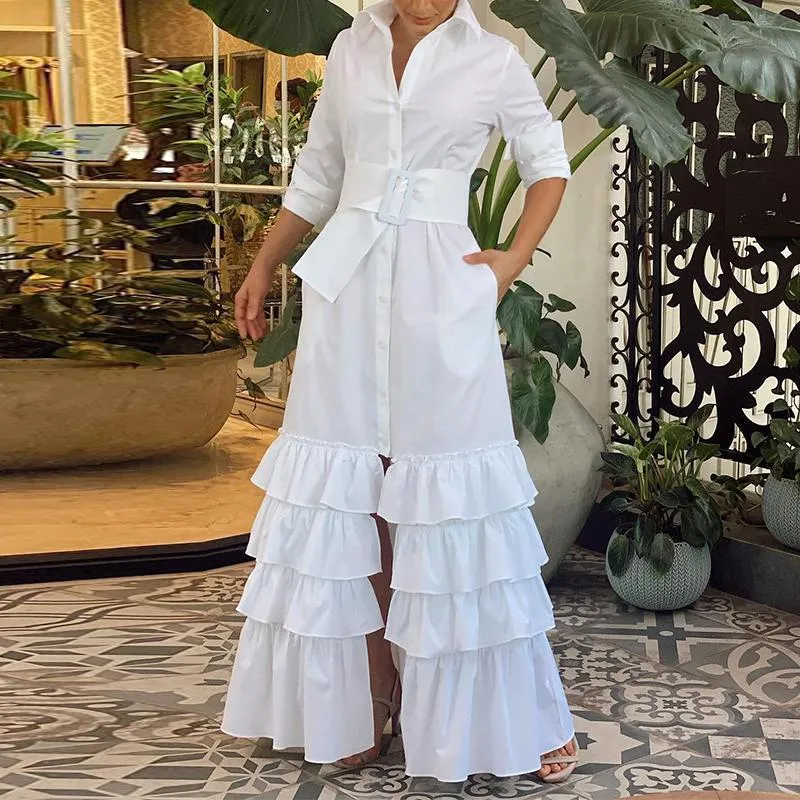 Long solid lapel buttoned belt dress