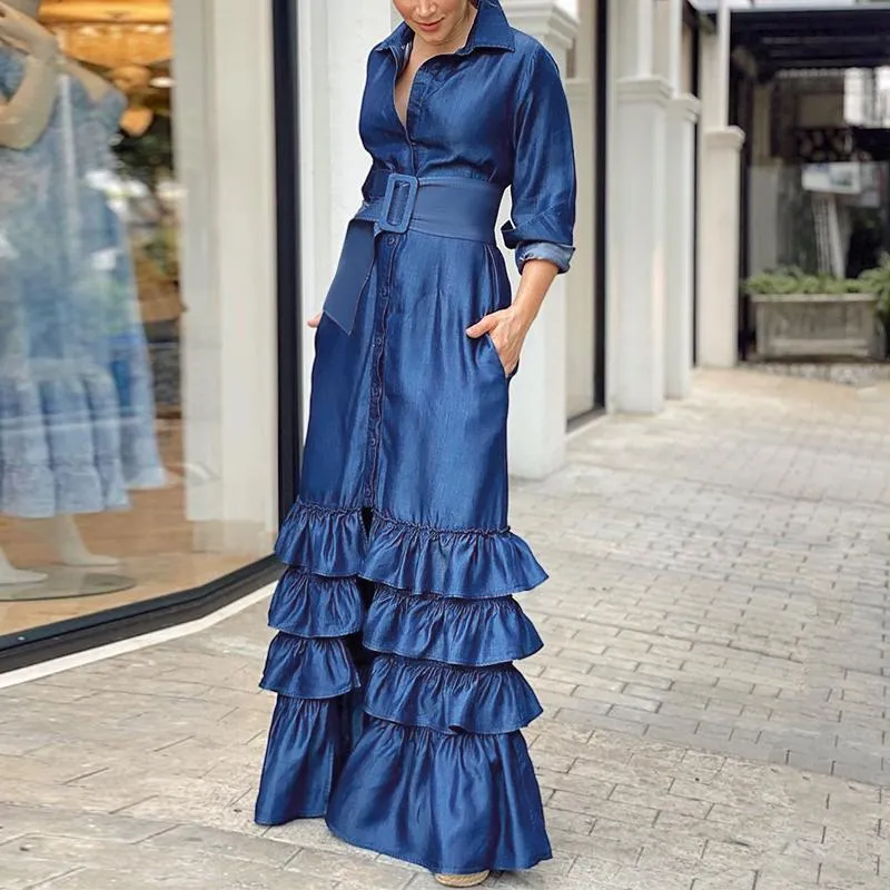 Long solid lapel buttoned belt dress