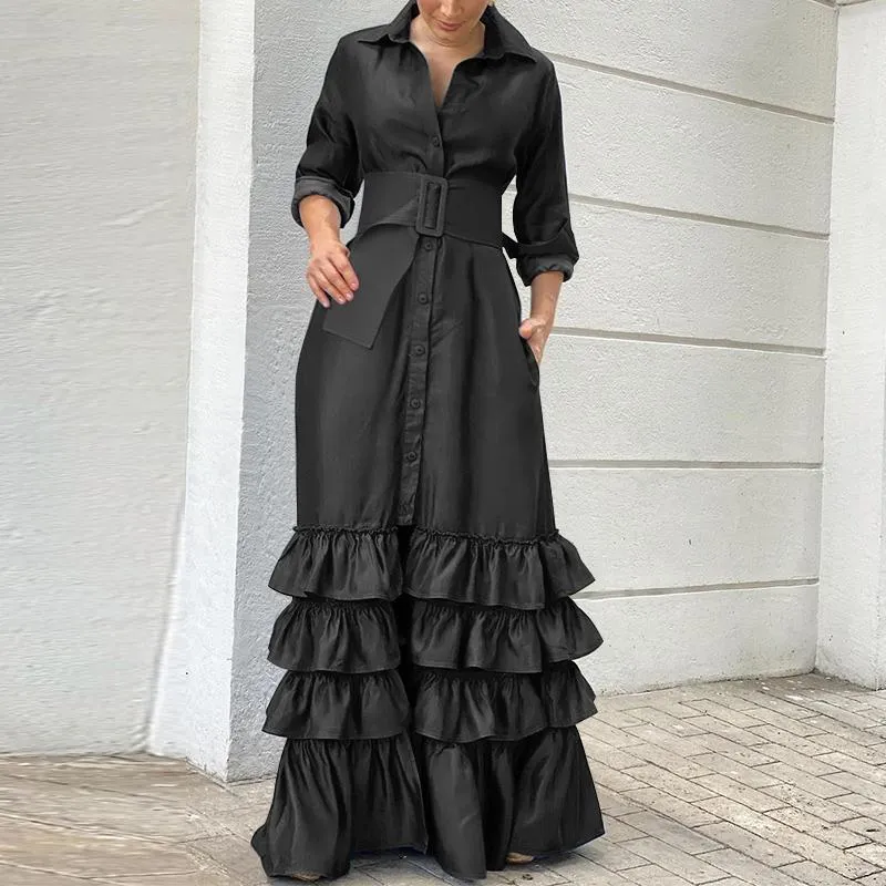 Long solid lapel buttoned belt dress