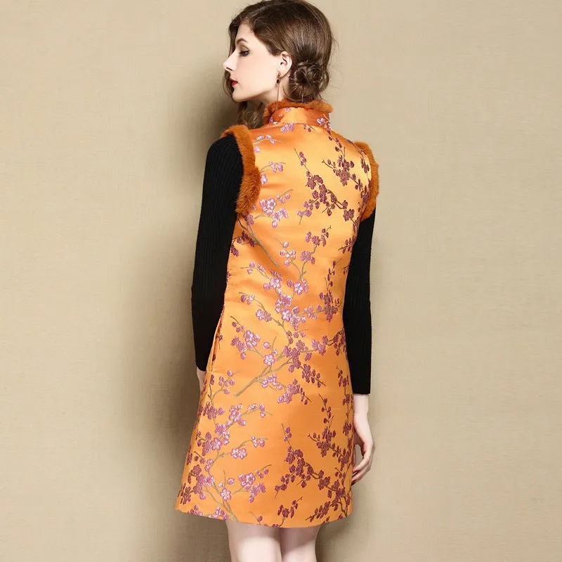 Mandarin Collar Fur Collar & Cuff Chinese Style Jumper Dress