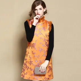Mandarin Collar Fur Collar & Cuff Chinese Style Jumper Dress