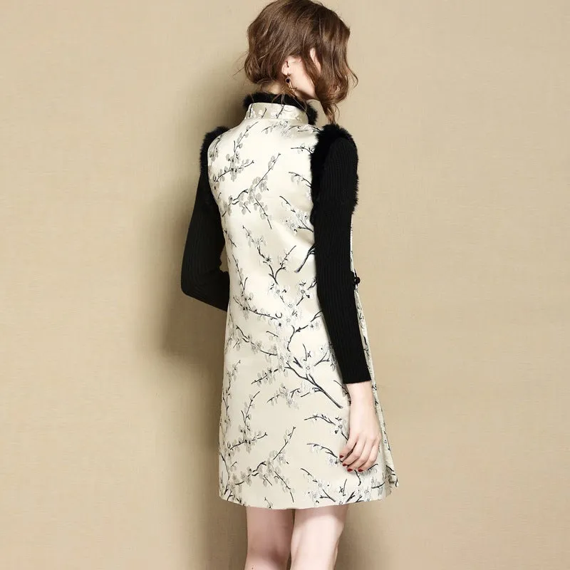 Mandarin Collar Fur Collar & Cuff Chinese Style Jumper Dress