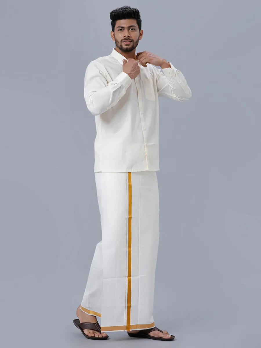 Men Cream Cotton Gold Jari 1/2" inch Double Dhoti with Full Sleeves Shirt Combo
