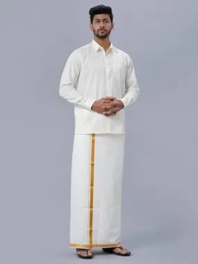 Men Cream Cotton Gold Jari 1/2" inch Double Dhoti with Full Sleeves Shirt Combo