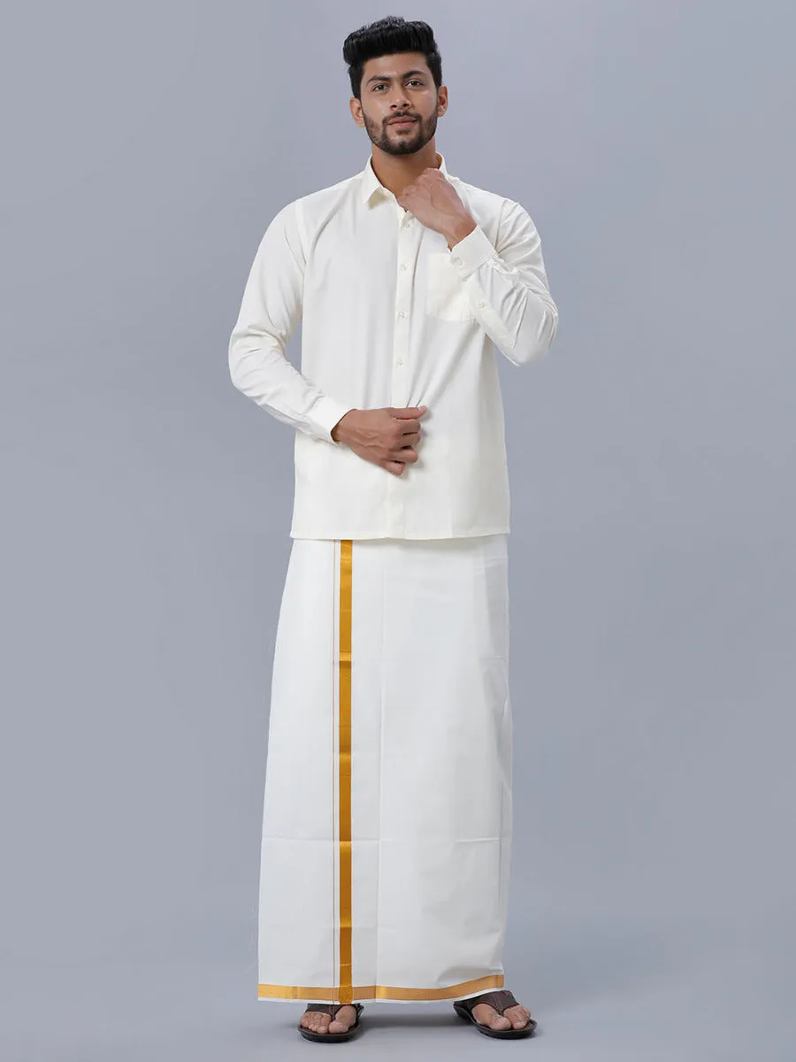Men Cream Cotton Gold Jari 1/2" inch Double Dhoti with Full Sleeves Shirt Combo