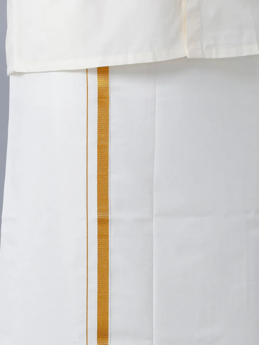 Men Cream Cotton Gold Jari 1/2" inch Double Dhoti with Full Sleeves Shirt Combo