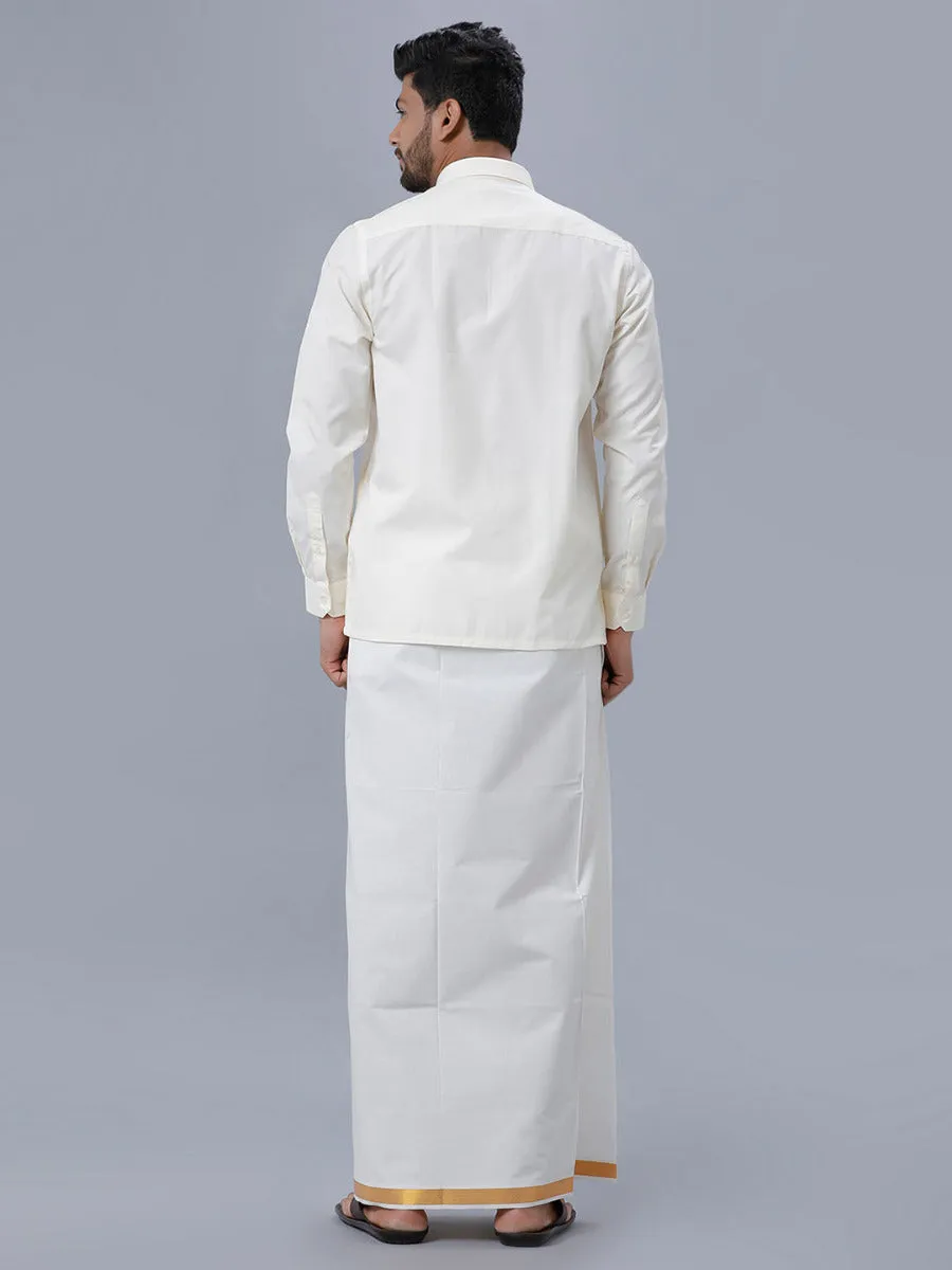 Men Cream Cotton Gold Jari 1/2" inch Double Dhoti with Full Sleeves Shirt Combo