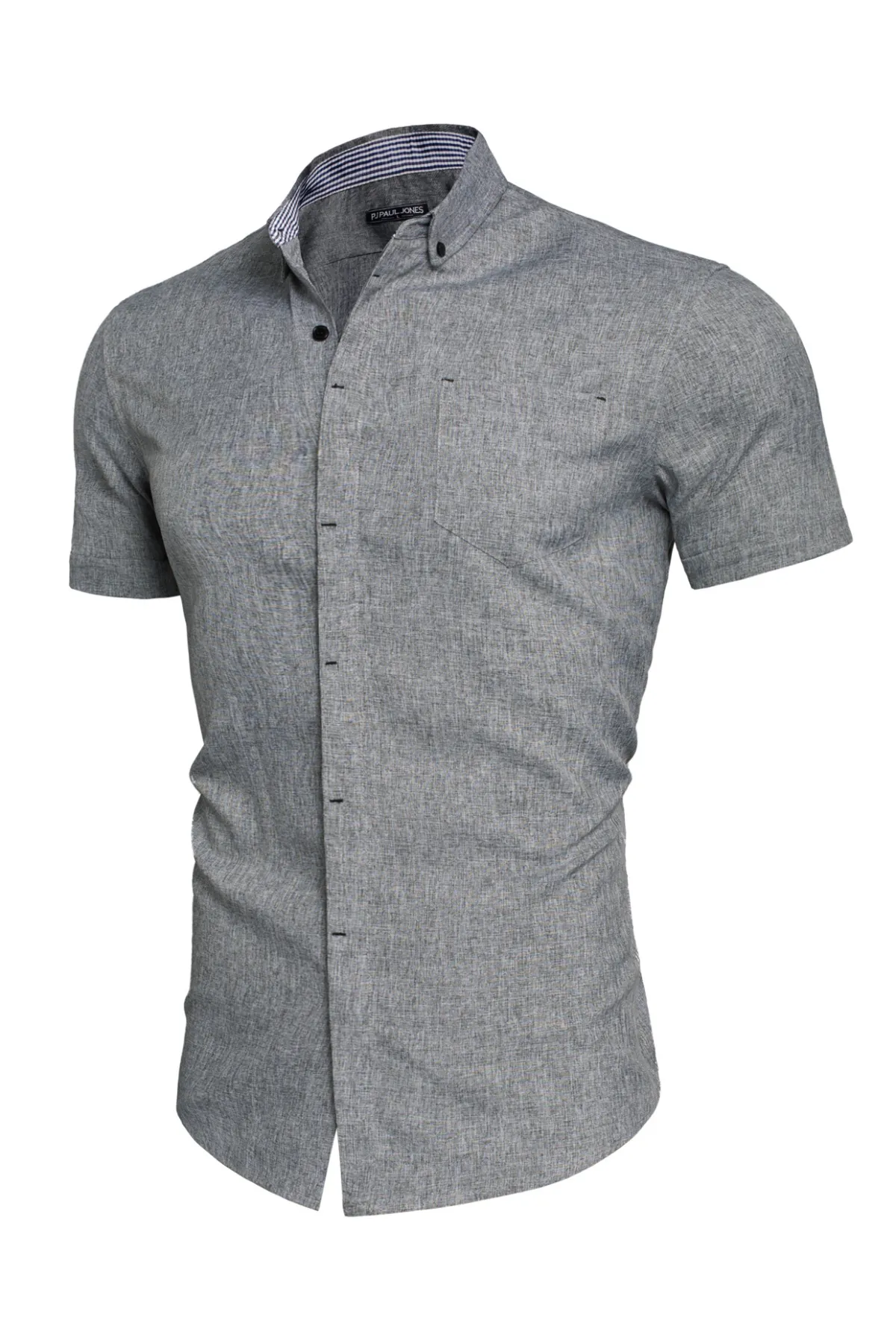 Men Hidden Placket Shirt Short Sleeve Lapel Collar Button-up Tops