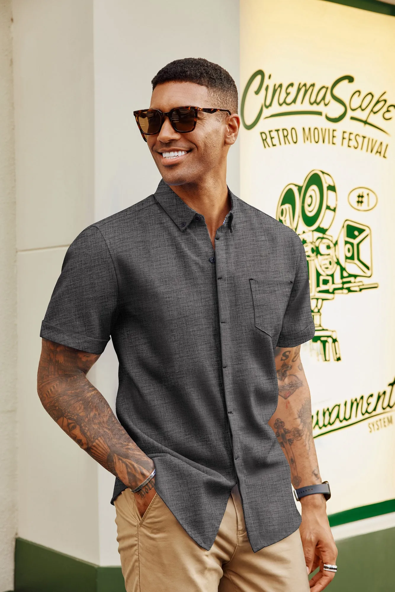 Men Hidden Placket Shirt Short Sleeve Lapel Collar Button-up Tops