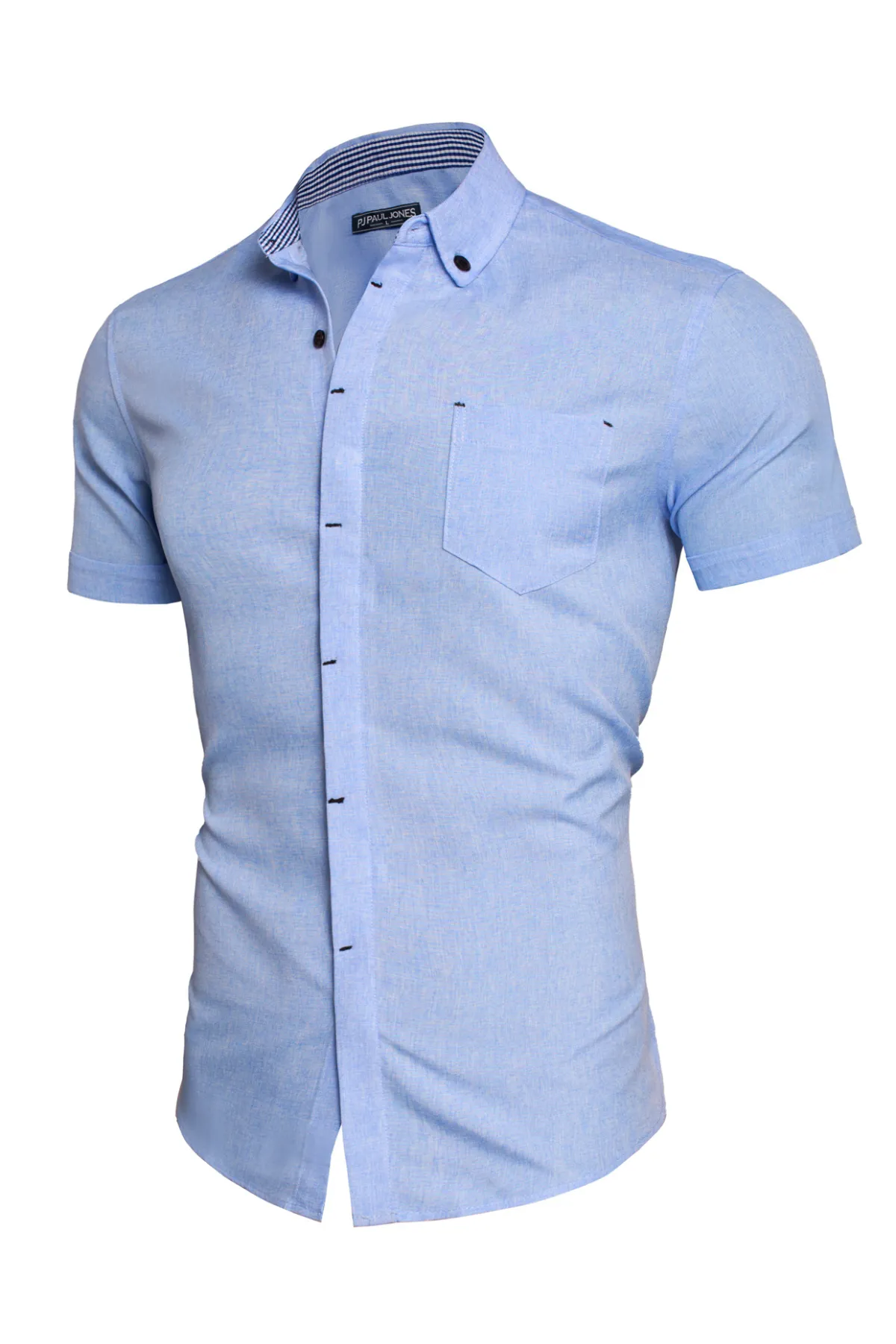 Men Hidden Placket Shirt Short Sleeve Lapel Collar Button-up Tops