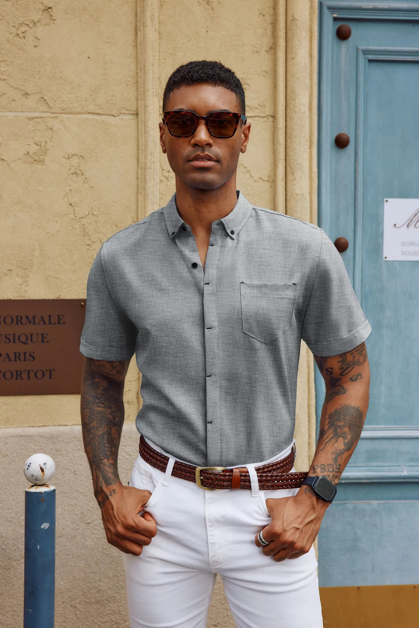 Men Hidden Placket Shirt Short Sleeve Lapel Collar Button-up Tops