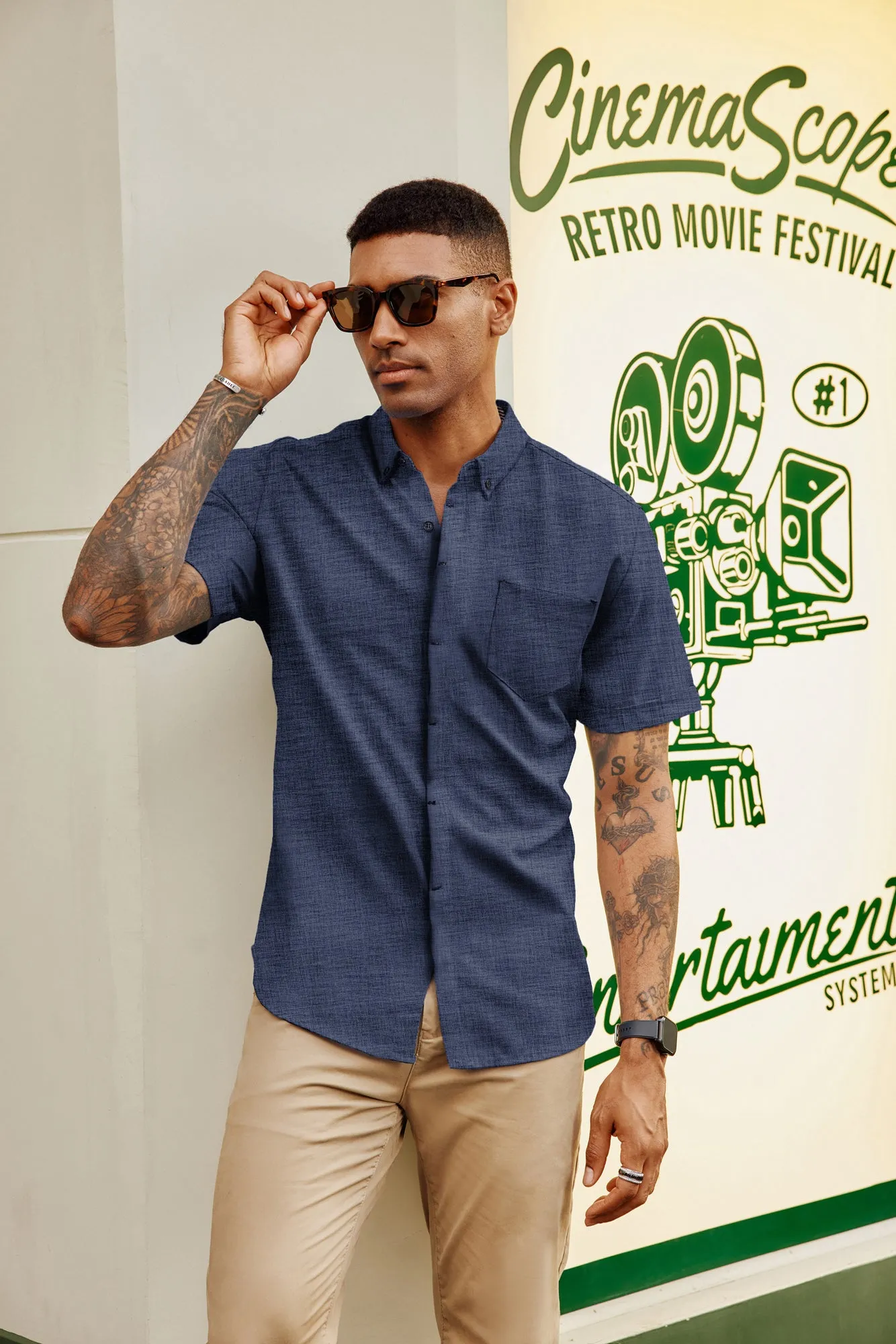 Men Hidden Placket Shirt Short Sleeve Lapel Collar Button-up Tops