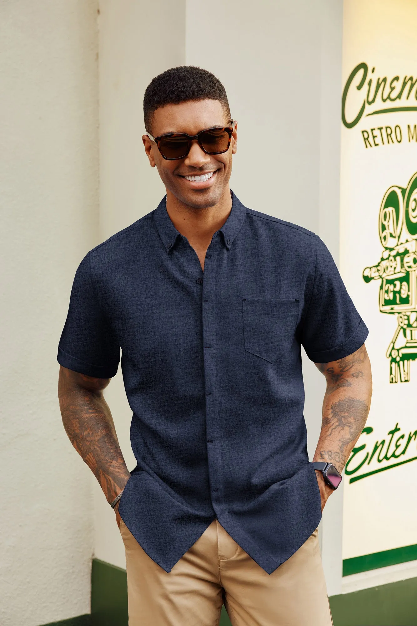 Men Hidden Placket Shirt Short Sleeve Lapel Collar Button-up Tops