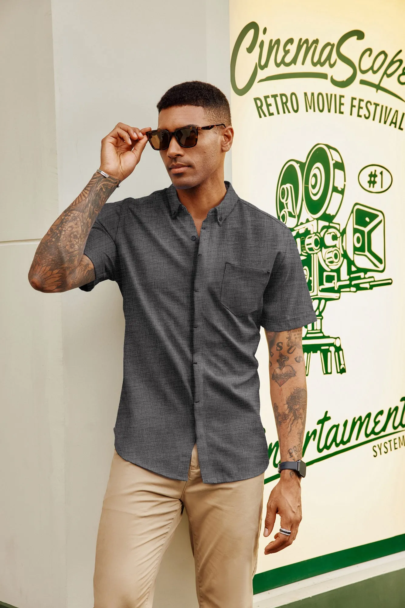 Men Hidden Placket Shirt Short Sleeve Lapel Collar Button-up Tops