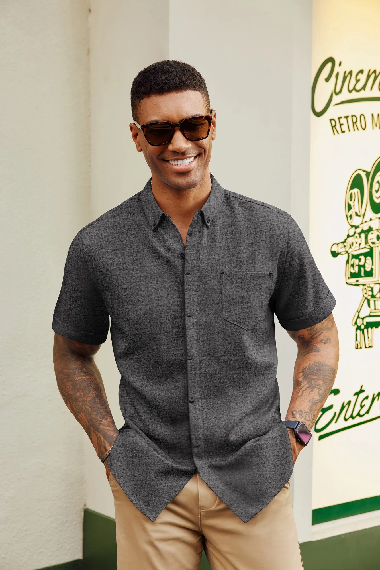 Men Hidden Placket Shirt Short Sleeve Lapel Collar Button-up Tops