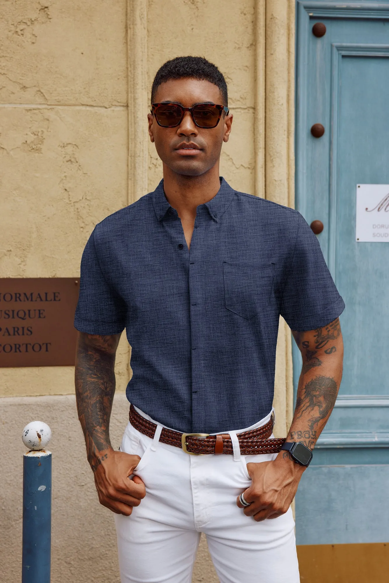 Men Hidden Placket Shirt Short Sleeve Lapel Collar Button-up Tops