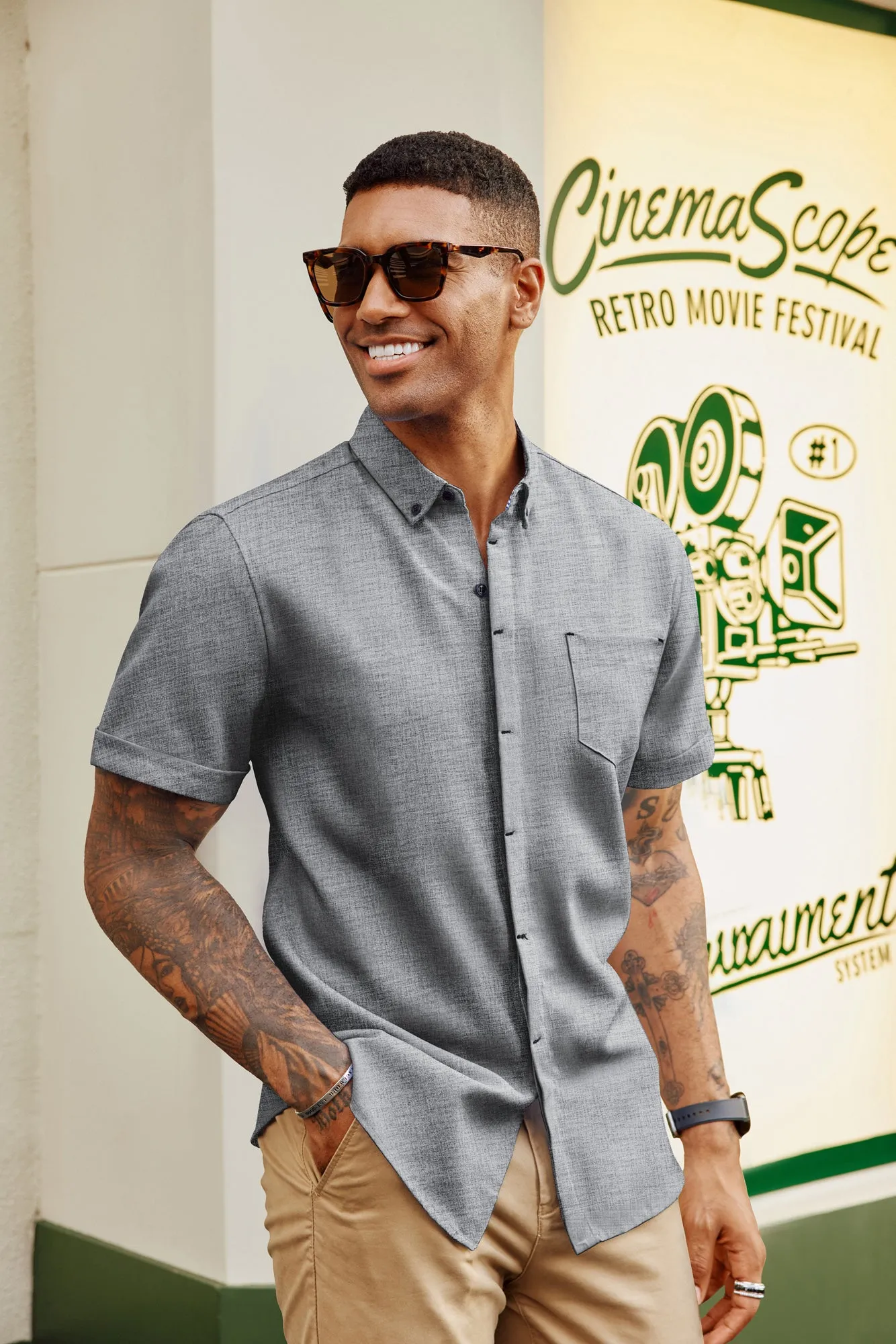 Men Hidden Placket Shirt Short Sleeve Lapel Collar Button-up Tops
