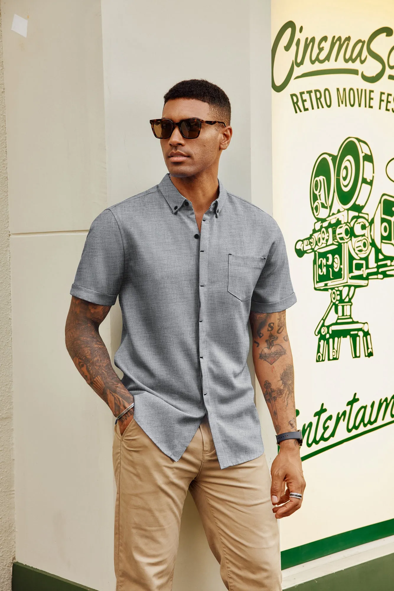 Men Hidden Placket Shirt Short Sleeve Lapel Collar Button-up Tops
